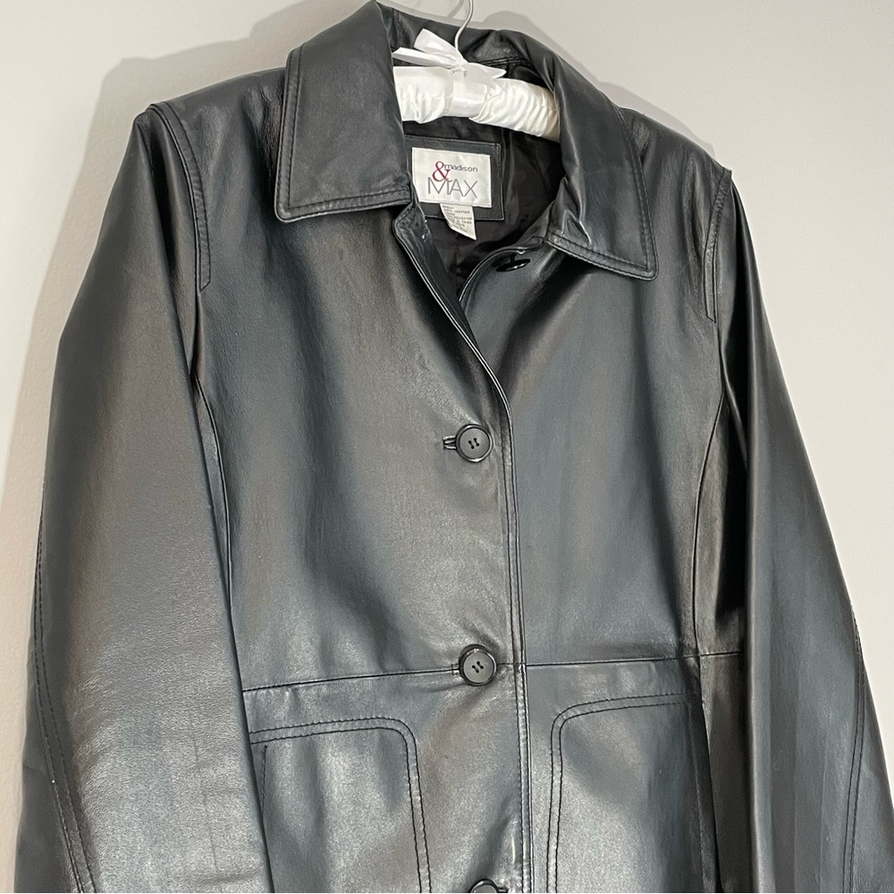 Vintage 90s Black Leather Jacket Large Minimalist Grunge Goth Biker Trench Coat - Picture 4 of 15